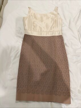 Tory Burch Cream Satin Top with Tan Laser-Cut Leather Midi Skirt Dress
